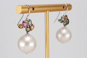 MODERN CULTURED FRESHWATER PEARL & SAPPHIRE EARRINGS ON 18ct WHITE GOLD