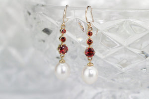 MODERN GARNET & PEARL DROP EARRINGS ON 9ct YELLOW GOLD