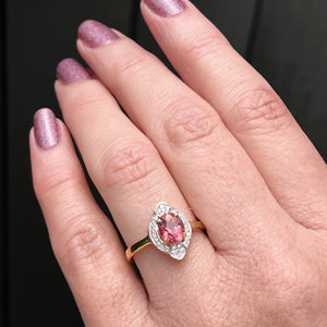 MODERN PINK TOURMALINE & DIAMOND HALO RING ON 14CT YELLOW & WHITE GOLD