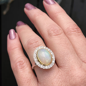 MODERN SOLID WHITE OPAL & DIAMOND HALO RING ON 9ct WHITE GOLD