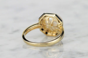 MODERN ART DECO STYLE PEARL, ONYX & DIAMOND RING ON 9ct YELLOW GOLD