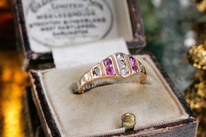 ANTIQUE VICTORIAN c1887 DIAMOND & RUBY RING ON 15ct YELLOW GOLD