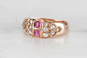 ANTIQUE VICTORIAN c1887 RUBY & DIAMOND RING ON 15ct YELLOW GOLD