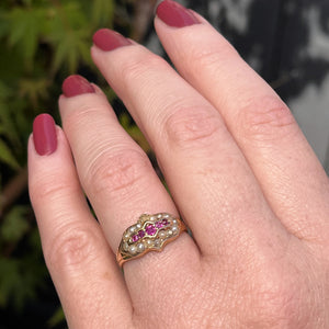 ANTIQUE VICTORIAN PINK SAPPHIRE & SEED PEARL RING ON 15ct YELLOW GOLD