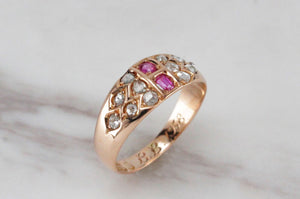 ANTIQUE VICTORIAN c1887 RUBY & DIAMOND RING ON 15ct YELLOW GOLD