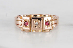 ANTIQUE EDWARDAIN c1910 STAR FLUSH SET RUBY & DIAMOND RING ON 15ct YELLOW GOLD