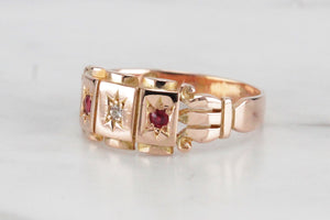 ANTIQUE EDWARDAIN c1910 STAR FLUSH SET RUBY & DIAMOND RING ON 15ct YELLOW GOLD