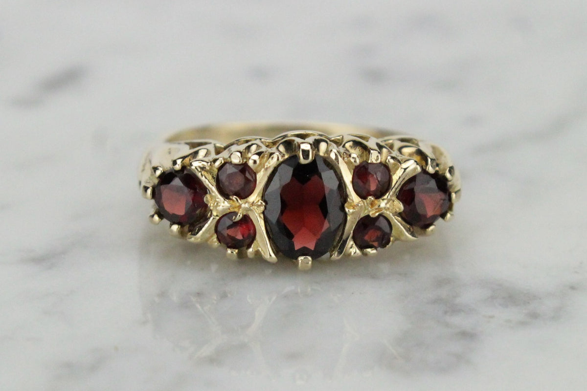 VINTAGE ESTATE GARNET BRIDGE RING ON 9ct YELLOW GOLD - Rock & Vestige