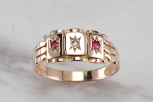 ANTIQUE EDWARDAIN c1910 STAR FLUSH SET RUBY & DIAMOND RING ON 15ct YELLOW GOLD