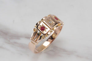 ANTIQUE EDWARDAIN c1910 STAR FLUSH SET RUBY & DIAMOND RING ON 15ct YELLOW GOLD