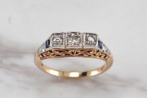 ANTIQUE EDWARDIAN c1910 DIAMOND & SAPPHIRE RING ON 18ct YELLOW GOLD & PALLADIUM