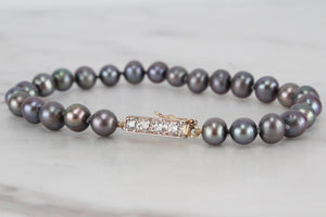 VINTAGE ESTATE TAHITIAN PEARL BRACLET WITH OLD EUROPEAN CUT DIAMOND SET CLASP ON 9ct GOLD