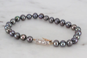 VINTAGE ESTATE TAHITIAN PEARL BRACLET WITH OLD EUROPEAN CUT DIAMOND SET CLASP ON 9ct GOLD