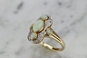 MODERN ART DECO STYLE SOLID OPAL & DIAMOND RING ON 9ct YELLOW GOLD