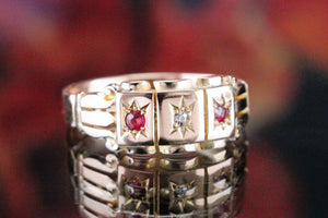 ANTIQUE EDWARDAIN c1910 STAR FLUSH SET RUBY & DIAMOND RING ON 15ct YELLOW GOLD