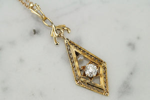 VINTAGE ESTATE DIAMOND & SEED PEARL PENDANT ON 14ct YELLOW GOLD