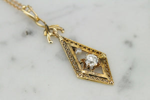 VINTAGE ESTATE DIAMOND & SEED PEARL PENDANT ON 14ct YELLOW GOLD