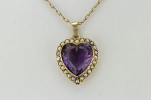 ANTIQUE EDWARDIAN C1910 AMETHYST & SEED PEARL PENDANT ON 9ct YELLOW GOLD