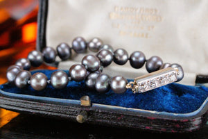 VINTAGE ESTATE TAHITIAN PEARL BRACLET WITH OLD EUROPEAN CUT DIAMOND SET CLASP ON 9ct GOLD