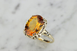 MODERN ANTIQUE STYLE 4.5ct MADEIRA CITRINE DRESS RING ON 9ct YELLOW GOLD