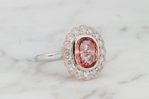 MODERN 3.11ct PINK TOURMALINE & DIAMOND HALO RING ON 14ct ROSE & WHITE GOLD