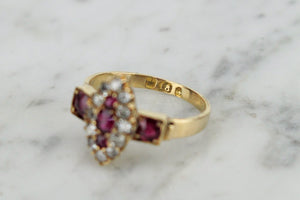 ANTIQUE EDWARDIAN c1890 RUBY & DIAMOND RING ON 18ct YELLOW GOLD