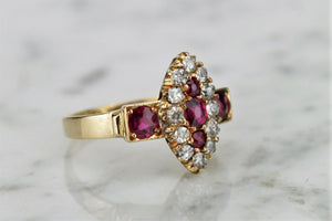 ANTIQUE EDWARDIAN c1890 RUBY & DIAMOND RING ON 18ct YELLOW GOLD