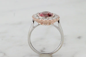 MODERN 3.11ct PINK TOURMALINE & DIAMOND HALO RING ON 14ct ROSE & WHITE GOLD