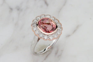 MODERN 3.11ct PINK TOURMALINE & DIAMOND HALO RING ON 14ct ROSE & WHITE GOLD