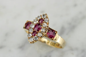 ANTIQUE EDWARDIAN c1890 RUBY & DIAMOND RING ON 18ct YELLOW GOLD