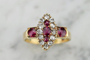 ANTIQUE EDWARDIAN c1890 RUBY & DIAMOND RING ON 18ct YELLOW GOLD