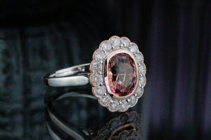 MODERN 3.11ct PINK TOURMALINE & DIAMOND HALO RING ON 14ct ROSE & WHITE GOLD