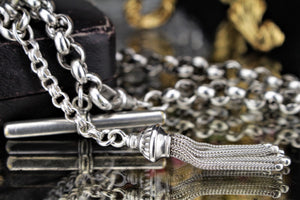 ANTIQUE LATE VICTORIAN c1890 DOUBLE ALBERT CHAIN WITH TASSLLED FOB ON 925 STERLING SILVER