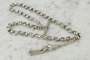 ANTIQUE LATE VICTORIAN c1890 DOUBLE ALBERT CHAIN WITH TASSLLED FOB ON 925 STERLING SILVER