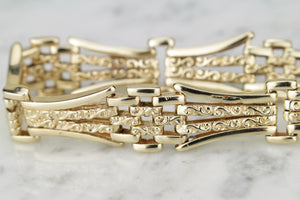 VINTAGE ESTATE ETCHED GATE LINK BRACELET ON 9ct YELLOW GOLD