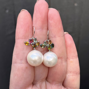 MODERN CULTURED FRESHWATER PEARL & SAPPHIRE EARRINGS ON 18ct WHITE GOLD