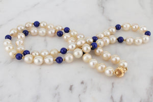 VINTAGE ESTATE FRESHWATER PEARL & LAPIS LAZULI NECKLACE WITH 9ct GOLD CLOSURE