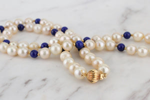 VINTAGE ESTATE FRESHWATER PEARL & LAPIS LAZULI NECKLACE WITH 9ct GOLD CLOSURE