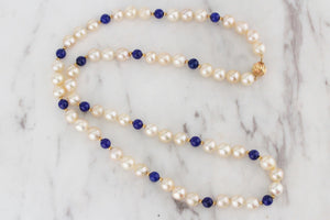 VINTAGE ESTATE FRESHWATER PEARL & LAPIS LAZULI NECKLACE WITH 9ct GOLD CLOSURE