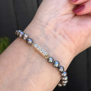 VINTAGE ESTATE TAHITIAN PEARL BRACLET WITH OLD EUROPEAN CUT DIAMOND SET CLASP ON 9ct GOLD