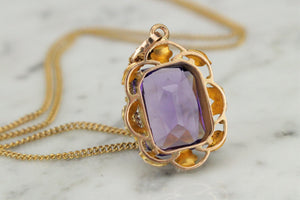 VINTAGE ARTS & CRAFTS STYLE AMETHYST PENDANT ON 9ct YELLOW GOLD