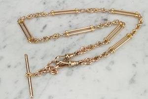 ANTIQUE EDWARDIAN c1910 ROSE GOLD ALBERT FOB CHAIN ON 9ct YELLOW GOLD