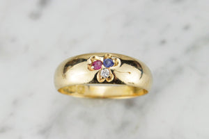 ANTIQUE VICTORIAN c1894 DIAMOND SAPPHIRE & RUBY THREE LEAF CLOVER RING ON 18ct YELLOW GOLD