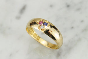ANTIQUE VICTORIAN c1894 DIAMOND SAPPHIRE & RUBY THREE LEAF CLOVER RING ON 18ct YELLOW GOLD