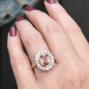 MODERN 3.11ct PINK TOURMALINE & DIAMOND HALO RING ON 14ct ROSE & WHITE GOLD