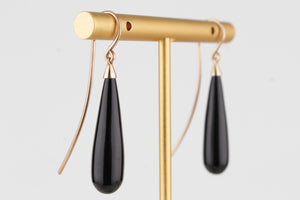 VINTAGE ESTATE ONYX TORPEDO DROP EARRINGS ON 9ct YELLOW GOLD