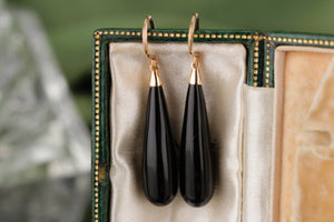 VINTAGE ESTATE ONYX TORPEDO DROP EARRINGS ON 9ct YELLOW GOLD