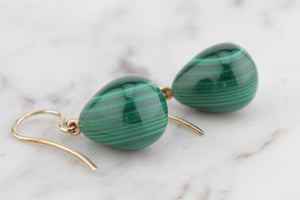 RETRO ESTATE MALACHITE EARRINGS ON 9ct YELLOW GOLD