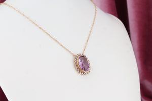 ANTIQUE EWARDIAN c1910 AMETHYST & NATURAL SEED PEARL NECKLACE ON 9ct YELLOW GOLD