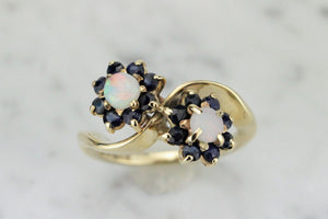 RETRO c1974 SOLID OPAL & SAPPHIRE RING ON 9ct YELLOW GOLD